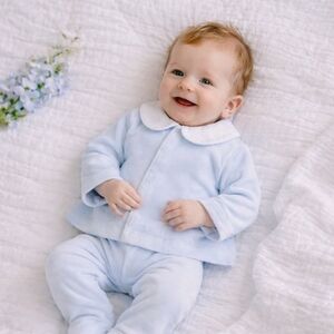 Jacadi Paris 6M Luxury Baby Blue Velour Set Footed Pants NWOT Boutique Classic